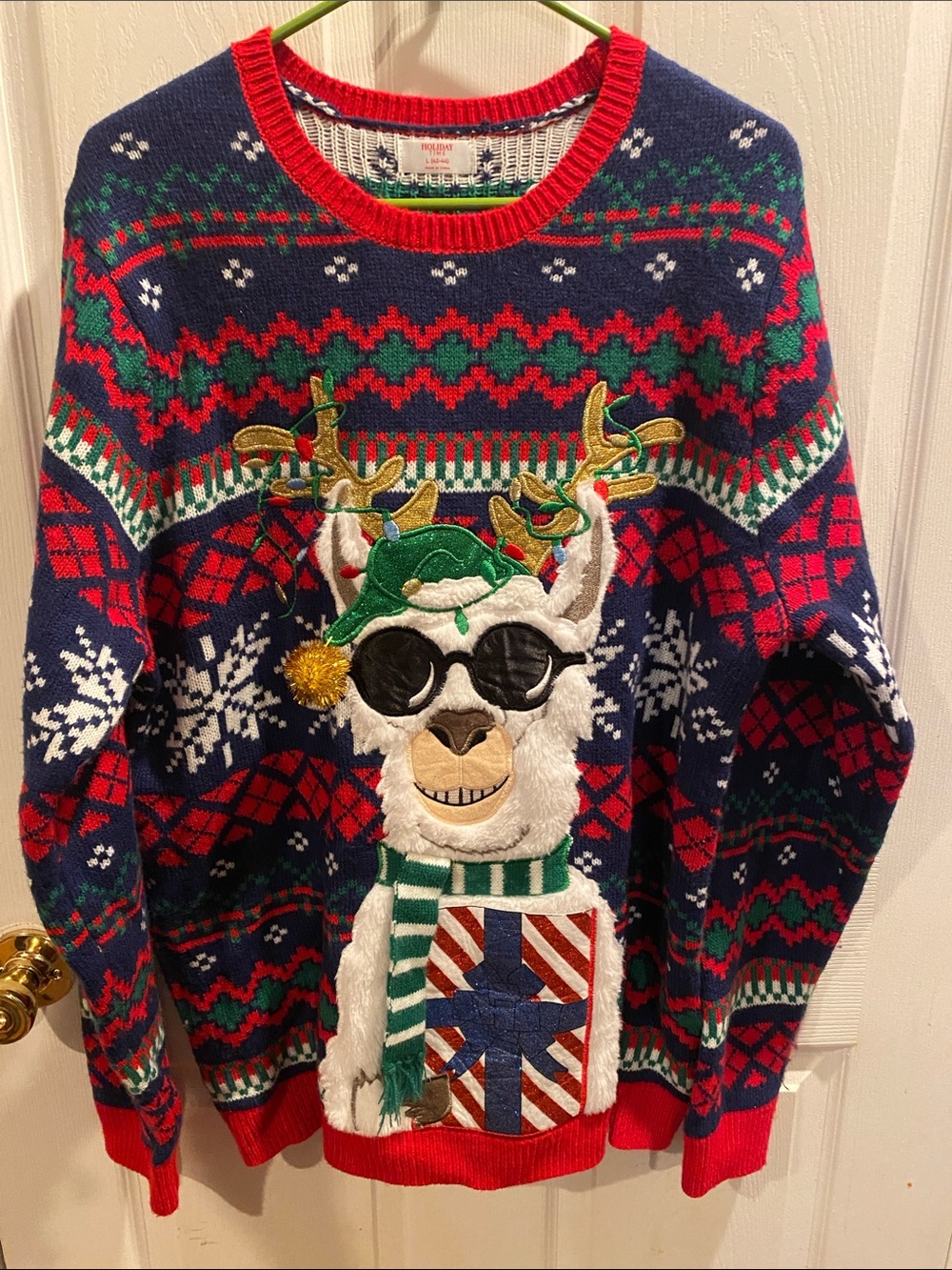 Holiday Time Navy Red Green Llama Crewneck Christmas Sweater